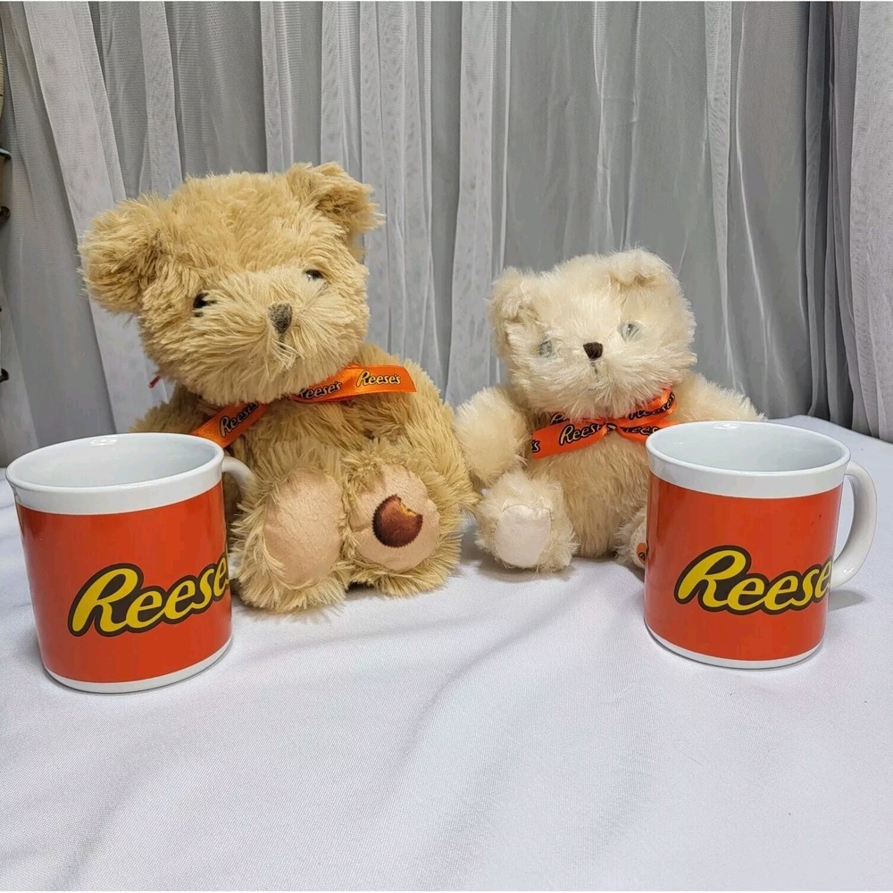 Reese's Peanut Butter Cup Lot‎ - 2 Stuffed Plush Teddy Bears plus 2 10oz Mugs